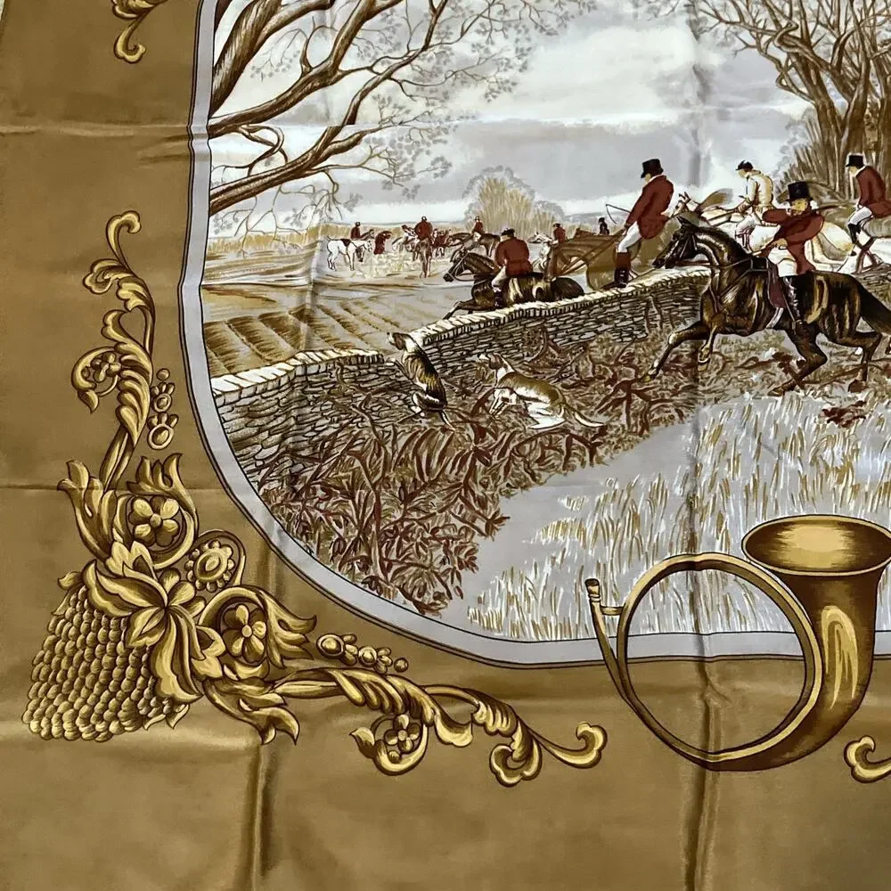 Vtg Hunt Scene Silk Scarf Bronze Equestrian Hunting Print Fox Hunt Japan Luxury